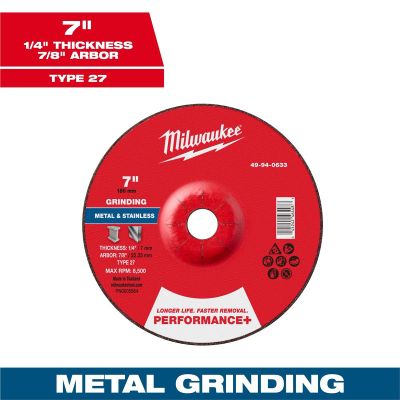 MLW49-94-0633 image(0) - Milwaukee Tool 7" x 1/4" x 7/8" Performance+ Metal Grinding Wheel - Type 27