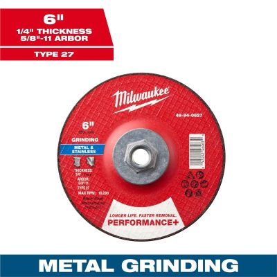 MLW49-94-0627 image(0) - Milwaukee Tool 6" x 1/4" x 5/8"-11 Performance+ Metal Grinding Wheel - Type 27