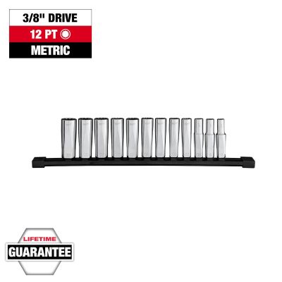MLW48-22-9521 image(0) - Milwaukee Tool 12pc 3/8 inch Drive 12-Point Deep Well Metric Socket Set
