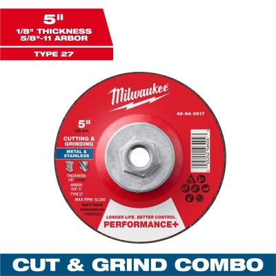 MLW49-94-0917 image(0) - Milwaukee Tool 5" x 1/8" x 5/8"-11 Performance+ Dual Metal Cut & Grind Wheel - Type 27