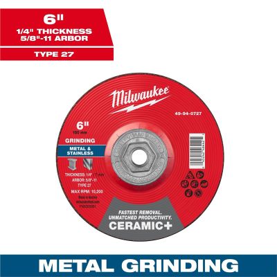 MLW49-94-0727 image(0) - Milwaukee Tool 6" x 1/4" x 5/8"-11 Ceramic+ Metal Grinding Wheel - Type 27