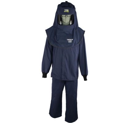 OBRLAN2STB-ES-L-HVSL image(0) - OBERON Suit Kit - Arc Flash - 12 Cal LAN - Comes with Hood with Hard Cap, Coat, Bib Overalls and  Hood Ventilation System w/Light - With Escape Strap - Color: Navy Blue - Size: Large