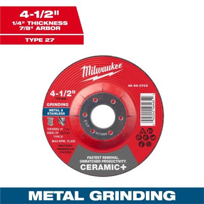 MLW49-94-0703 image(0) - Milwaukee Tool 4-1/2" x 1/4" x 7/8" Ceramic+ Metal Grinding Wheel - Type 27