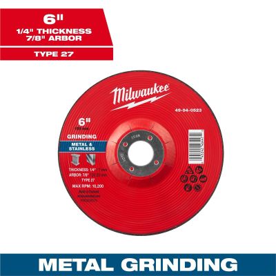 MLW49-94-0523 image(0) - Milwaukee Tool 6" x 1/4" x 7/8" Metal Grinding Wheel - Type 27