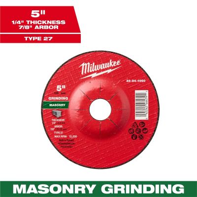 MLW49-94-1960 image(0) - Milwaukee Tool 5" x 1/4" x 7/8" Masonry Grinding Wheel - Type 27