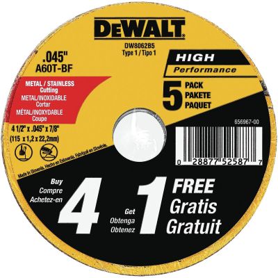 DWTDW8062B5 image(0) - DeWalt 4-1/2 in x .045 in Aluminum Oxide Abrasive Chop / Cut-Off Blade with 7/8 in Arbor for Metal Cutting (5 Pack)