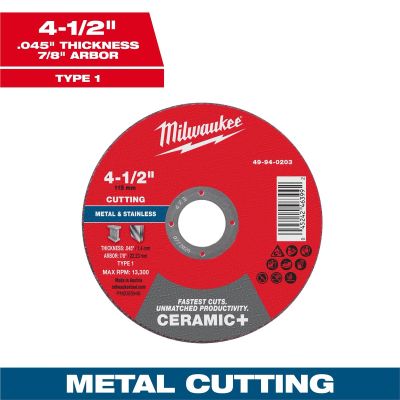 MLW49-94-0203 image(0) - Milwaukee Tool 4-1/2" x .045" x 7/8" Ceramic+ Metal Cut Off Wheel -Type 1