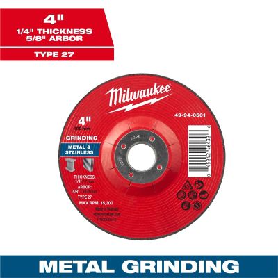 MLW49-94-0501 image(0) - Milwaukee Tool 4" x 1/4" x 5/8" Metal Grinding  Wheel - Type 27