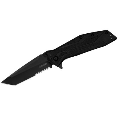 KER1990ST image(0) - Kershaw Brawler Serrated Assisted Open Liner Lock  8Cr13MoV Tanto Blade with Black-oxide coating EDC Folding Pocket Knife - Black