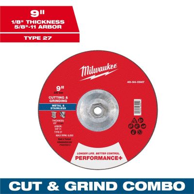 MLW49-94-0947 image(0) - Milwaukee Tool 9" x 1/8" x 5/8"-11 Performance+ Dual Metal Cut & Grind Wheel - Type 27