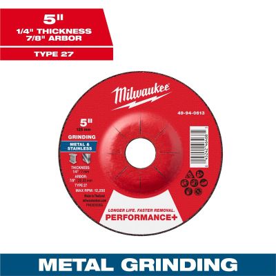 MLW49-94-0613 image(0) - Milwaukee Tool 5" x 1/4" x 7/8" Performance+ Metal Grinding  Wheel - Type 27