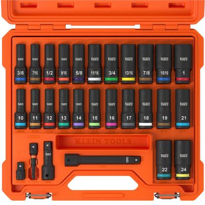 KLE65111IMPCTM image(0) - Klein Tools KNECT&trade; 1/2-Inch Drive Deep Well Impact Socket Set, Metric, 14-Piece