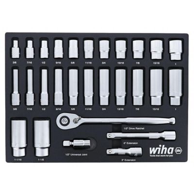 WIH33896 image(0) - Set Includes - 11 Standard Sockets 3/8&rdquo; - 1&rdquo; | 13 Deep Sockets 3/8&rdquo; - 1-1/8&rdquo; | 1/2&rdquo; Dr. Ratchet 72 Tooth | 1/2&rdquo; Dr. Extension Bars 3&rdquo;, 6&rdquo; | 1/2&rdquo; Dr. Universal Joint