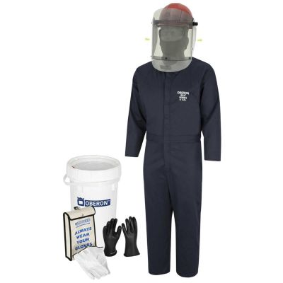 OBRZCF239-8 image(0) - Oberon OBERON™- 8 Cal HRC2™ Electric Vehicle Arc Flash & Shock Kit: TCG Arc Flash Face Shield w/Hard Cap, Balaclava, Coverall with escape strap, Safety Glasses, Class 0 Glove Kit - Size 8, Earplugs & Storage Bucket - Siz